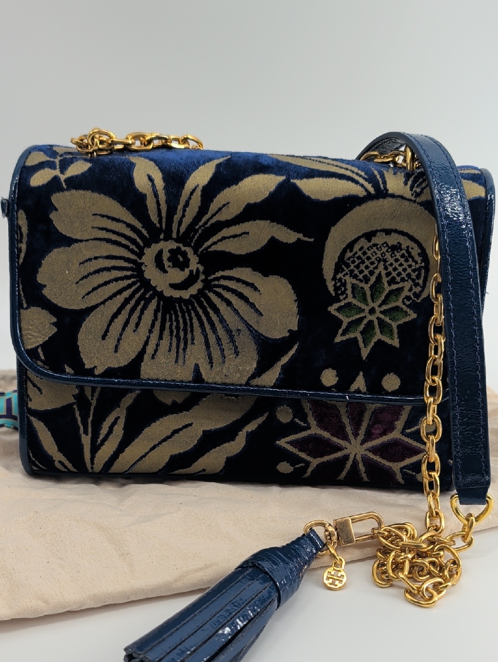 Tory Burch Navy Floral Velvet Crossbody Bag with Gold Chain